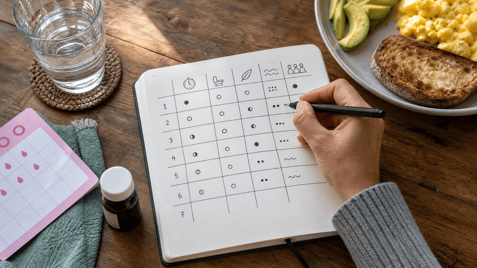 Seven-day tracking method for bowel habits and gut health using form, frequency, ease, symptoms, and context