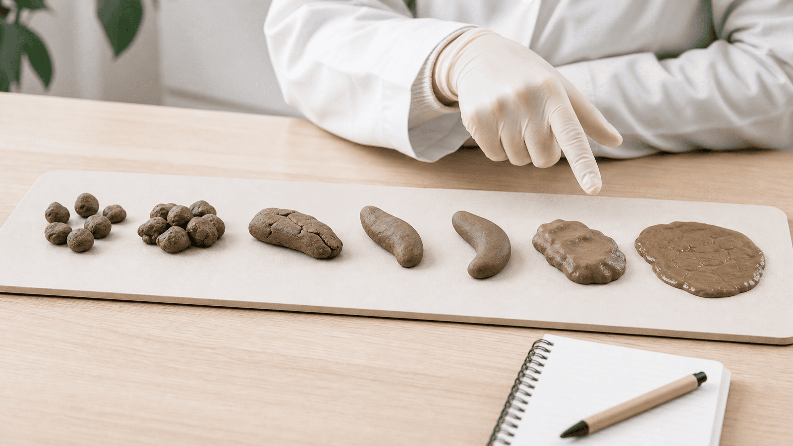 Clean educational display showing stool-form patterns as clues for bowel habits and gut health, not a diagnosis