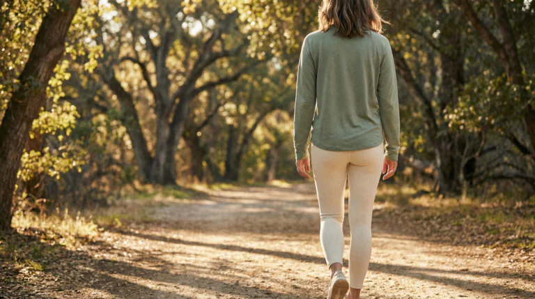 Woman in her mid-40s walking along a tree-lined path in soft morning light, wearing sage green athletic wear — illustrating the benefits of post-meal walks for metabolic syndrome.