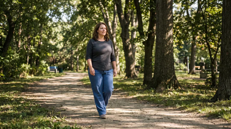exercise for metabolic syndrome — person walking outdoors on a sunlit park path, natural light