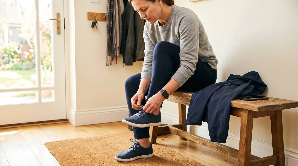 adult tying plain walking shoes near the door before a planned walk